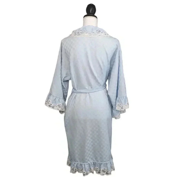 Vintage Givenchy Intimates Paris Tiffany Blue Ruffle Lace Check Robe Small USA - Picture 2 of 12